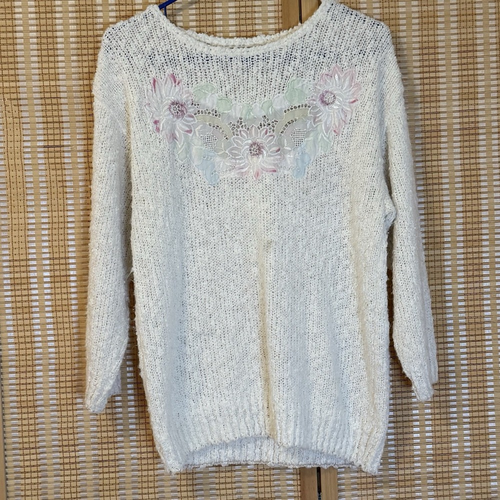 Margules Womens 40 Sweater Cream Floral Vintage Y2K Grannycore Preppy‎ Coastal